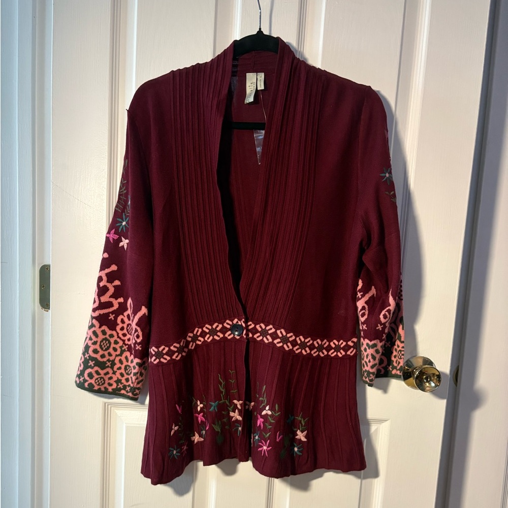 Sahalie Maroon Cardigan with Peplum & Flower Embroidery